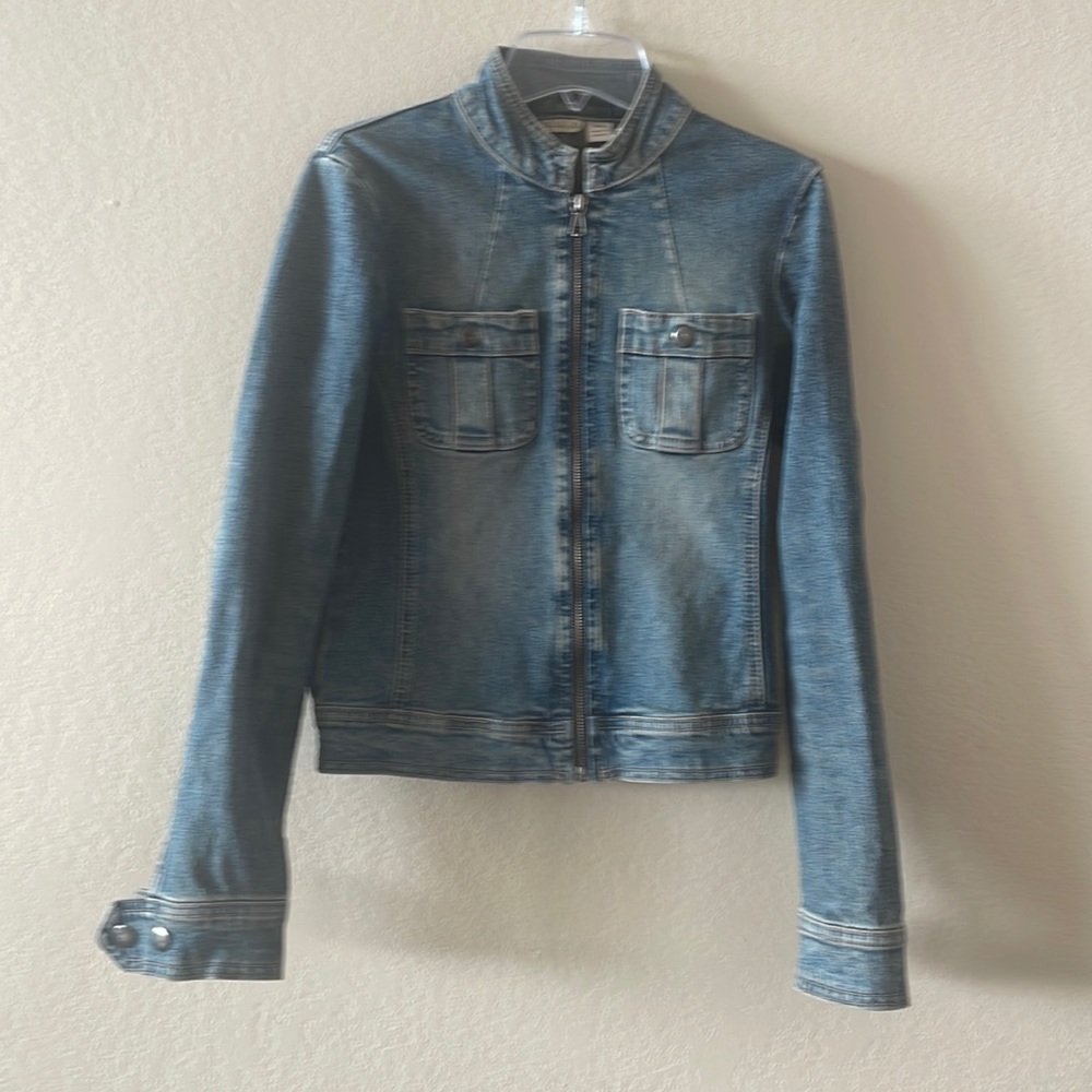 Denim jacket. Mandarin color. Zip front.  Button cuffs. Size XS.